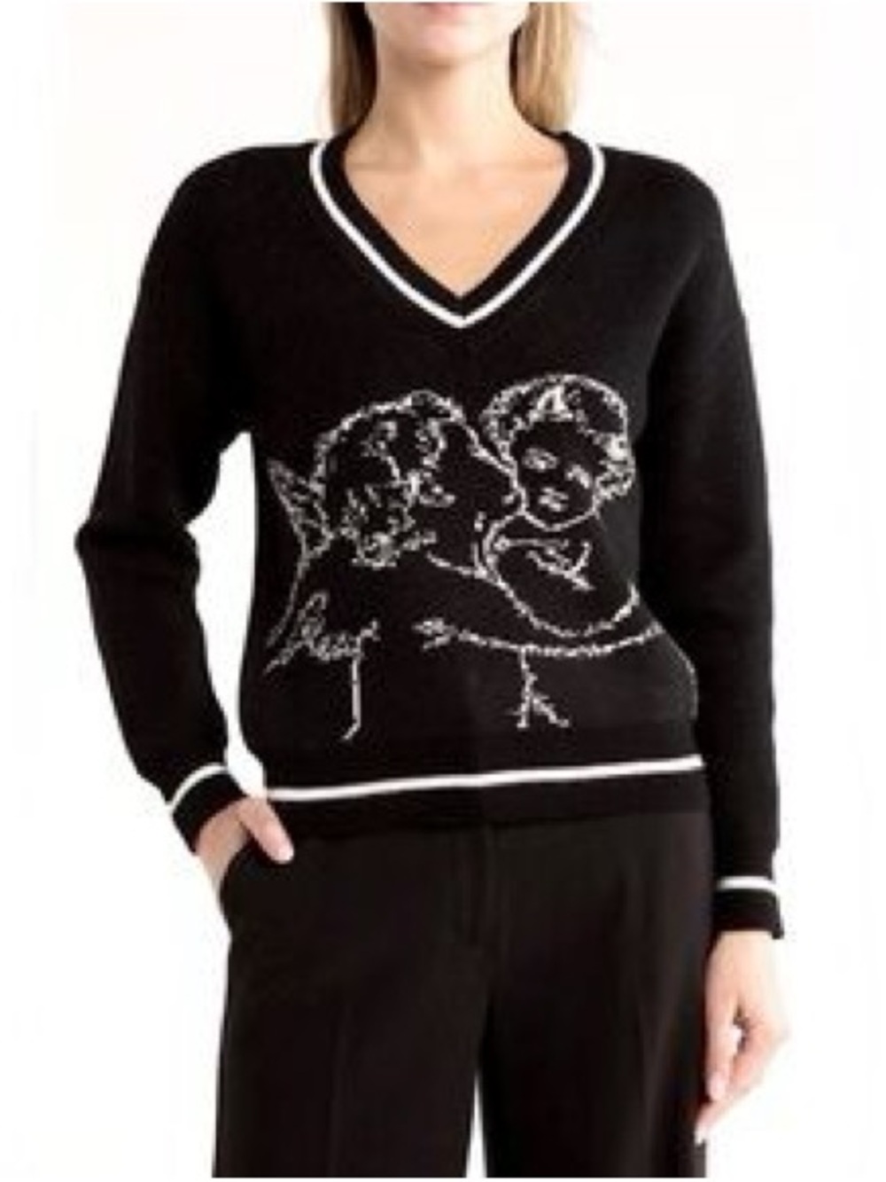 INDUSTRY Black V-Neck Sweater with Cherub Intarsia